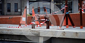 Children`s playground closed and wrapped in alarm caution tape for global coronavirus quarantine.No children on playgrounds.