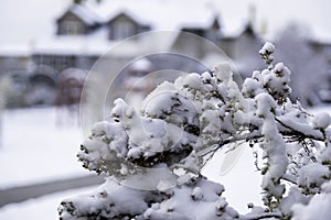 Children`s playground in public park covered in snow