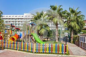 Children`s playground in resort hotel on tropical vacation