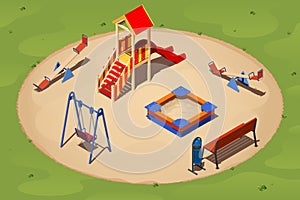 Children`s playground on a round sand glade among the grass, isometric vector