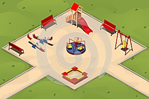 Children`s playground with a sandpit, swings, carousels and a hill, illustration in isometric