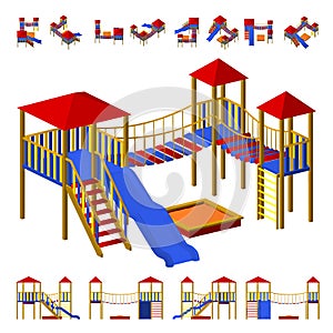 Children`s playground with slide, hanging ladder, and a sandbox. The different projections from different angles, isometric and f