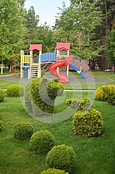 children's playground with slides and cabins. children's play area.