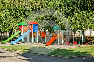 Children`s playground in the town of Srbobran in Vojvodina. Daycare playground equipment