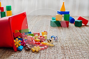 Children's playroom with plastic colorful educational blocks toys