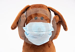 Children`s plush dog in a protective gauze bandage; flu epidemic