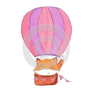 Children's poster of a fox in a hot air balloon. Watercolor drawing of a fox. Baby animal illustration. Print for