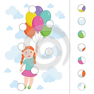 Children`s puzzle game. The girl is flying in balloons