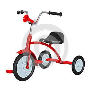 Children`s red tricycle with black seat and steering wheel, with rubber pneumatic hooters in front, photo