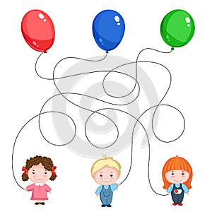 Children`s riddle picture. Three children with balloons, green, blue and red, the threads are mixed.