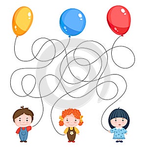 Children`s riddle picture. Three children with balloons, yellow, blue and red, the threads are mixed.