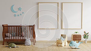 Children`s room with bed decorated with trees and dolls with picture frames on white walls.3d rendering