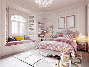 Children`s room in a classic style in beige and pink with a desk and toys and shelves near the window