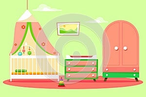 Children`s room for a girl with a beautiful pink wardrobe and changing table. Wall with the decor of the clouds. Vector illustrati