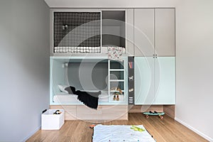 Children`s room in modern style with loft bed