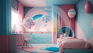 Children\'s room with pink and blue walls, a white bed with a pink blanket, a pink bedside table and a rainbow. 3d rendering