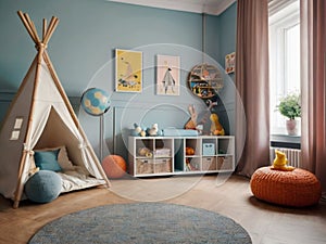 Children\'s room with a play corner and bright interior details.