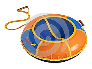 Children`s round inflatable sledge tubing for winter driving from a hill, orange-blue. Vector illustration