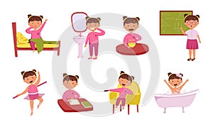 Children&#s daily routine vector set. Cute cheerful girl wakes up and brushing teeth, studying at school, homework