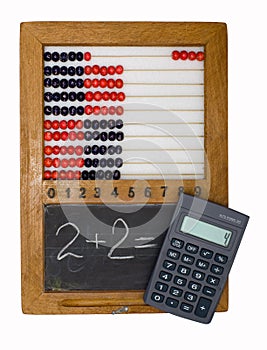 Children's school board, abacus and calculator