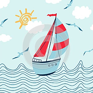 Children`s sea poster with seascape, sailboat, seagull and handwritten lettering Summer in cartoon style. Cute concept