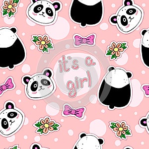 Children`s seamless colorful pattern with cute pandas, flowers, bows, decorative elements with the inscription on a neutral backgr