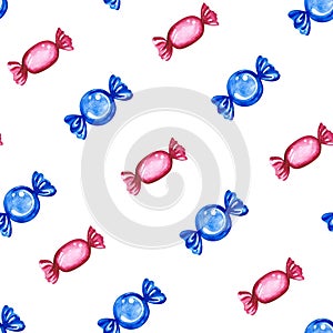 Children's seamless pattern with blue and red candies. Handmade watercolor illustration. For packaging paper
