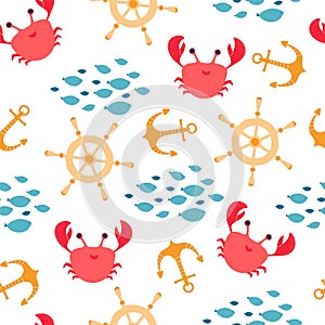 Children`s seamless pattern with crab, fish, helm, anchor in cartoon style. Texture for kids room design, Wallpaper