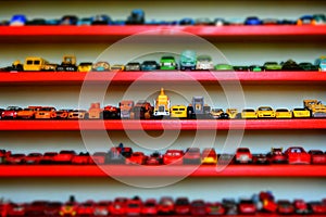 Children`s shelf with toy cars, children`s Hobbies, tilt shift effect