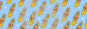 Children's space background. Seamless pattern with rockets and stars. Design of wallpaper, packaging, prints