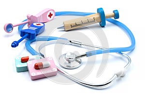 Children's stethophonendoscope. Medical set of toys on a white background. Children's medicine.