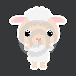 Children`s sticker of cute little sheep. Domestic animal. Flat vector stock illustration