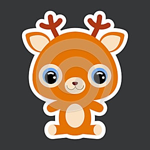 Children`s sticker of cute little sitting deer. Forest animal. Flat vector stock illustration