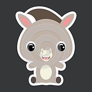 Children`s sticker of cute little sitting donkey. Domestic animal. Flat vector stock illustration