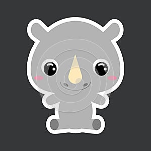 Children`s sticker of cute little sitting rhino. African animal. Flat vector stock illustration