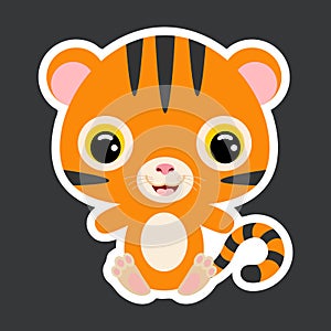 Children`s sticker of cute little sitting tiger. Jungle animal. Flat vector stock illustration