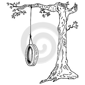 Children`s swing on a tree branch. Hand drawn swing from the car tire.  Vector illustration wheel tied to a tree branch