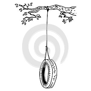 Children`s swing on a tree branch. Hand drawn swing from the car tire.  Vector illustration wheel tied to a tree branch