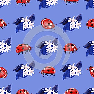 Children s texture. Seamless pattern with lemon flowers and leaves. Ladybugs on a blue background. Vector fabric design