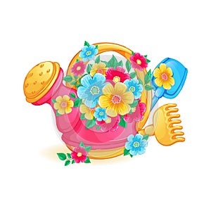 Children toy bright watering can with a bouquet of colorful flowers.