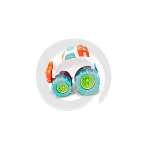 Children`s toy car with big wheels on a white background