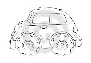 Children`s toy car. Cute monster truck. Automobile with huge wheels. Use in games, stickers, printing on paper or fabric