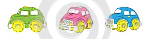 Children`s toy car. Cute set monster truck. Bright colorful cartoon auto with big wheels. Use in games, stickers