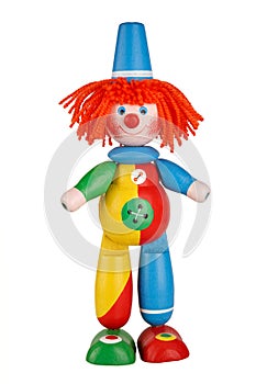 Children`s toy circus clown isolated on white background, circus performance