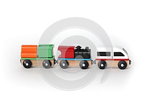children's toy multicolored train with carriages on a white background
