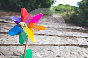 Children`s toy pinwheel on a path in a forest, concept of good direction with copy space