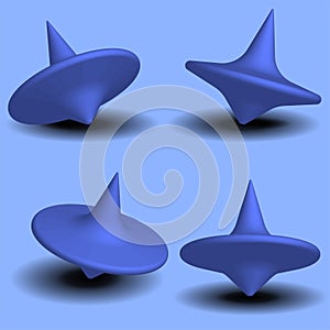 Children`s toy spinning top in different positions, 3D illustration, isolated