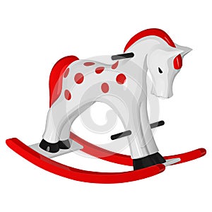 Children`s toy white rocking horse with red runners, mane and tail, with black handles and hooves