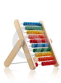 Children`s toy wooden abacus with multicolored knuckles, isolated on a white background