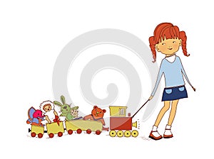 Children`s toys. Little girl pulls a toy train with puppets, a toy rabbit and a baby elephant on a rope.